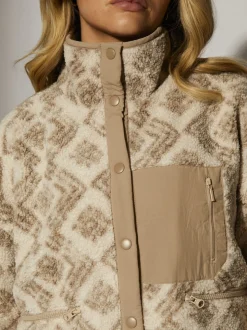Crème - South Beach Print Oversized Borg Zip Jacket With Pocket