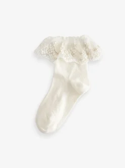 Crème - Verpakking van 2 paar katoenrijke enkelsokken met ruches voor bloemenmeisjes