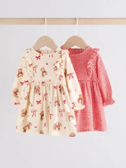 Crème beer/ rode kersen geruit - Verpakking van 2 jersey babyjurkjes (0 mnd-2 jr)