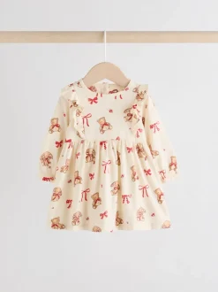 Crème beer/ rode kersen geruit - Verpakking van 2 jersey babyjurkjes (0 mnd-2 jr)