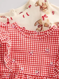 Crème beer/ rode kersen geruit - Verpakking van 2 jersey babyjurkjes (0 mnd-2 jr)