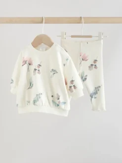Crème gebloemd - Set van 2 -delige Baby Sweater en Joggingbroeken (0mnd -2jr)
