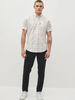 Crème/blauw Tattersall-ruit - Strijvrij Oxford overhemd met korte mouwen en knopen