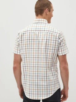 Crème/blauw Tattersall-ruit - Strijvrij Oxford overhemd met korte mouwen en knopen