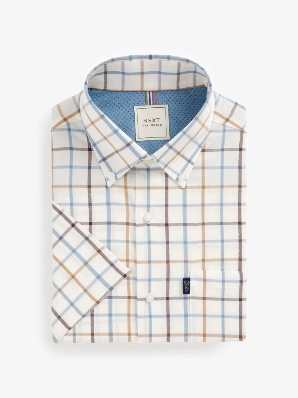 Crème/blauw Tattersall-ruit - Strijvrij Oxford overhemd met korte mouwen en knopen
