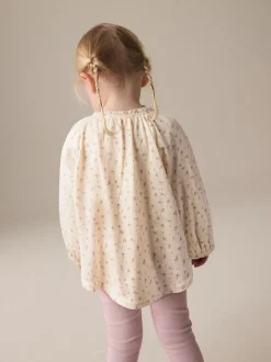 Crèmekleurige fijne bloemenprint - Blouse met lange mouwen en geplooide hals (3mnd-7jr)