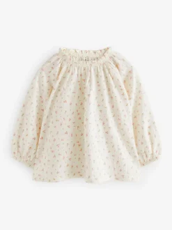 Crèmekleurige fijne bloemenprint - Blouse met lange mouwen en geplooide hals (3mnd-7jr)