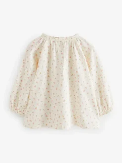 Crèmekleurige fijne bloemenprint - Blouse met lange mouwen en geplooide hals (3mnd-7jr)