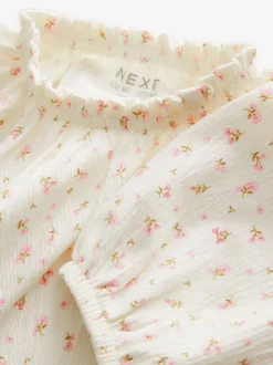 Crèmekleurige fijne bloemenprint - Blouse met lange mouwen en geplooide hals (3mnd-7jr)