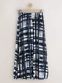 Crème/marineblauw ruit - Satin Pleated Maxi Skirt