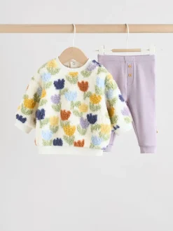 Crème/paarse tulp - 2 -delige Set van Fleece Tops en Leggings voor Baby''s (0mnd-2jr)