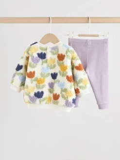 Crème/paarse tulp - 2 -delige Set van Fleece Tops en Leggings voor Baby''s (0mnd-2jr)