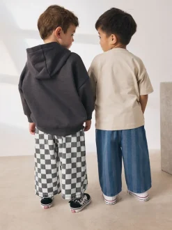 Dambordmotief/Blauwe Strepen - Set van 2 wijde broeken met elastische taille (3mnd-7jr)