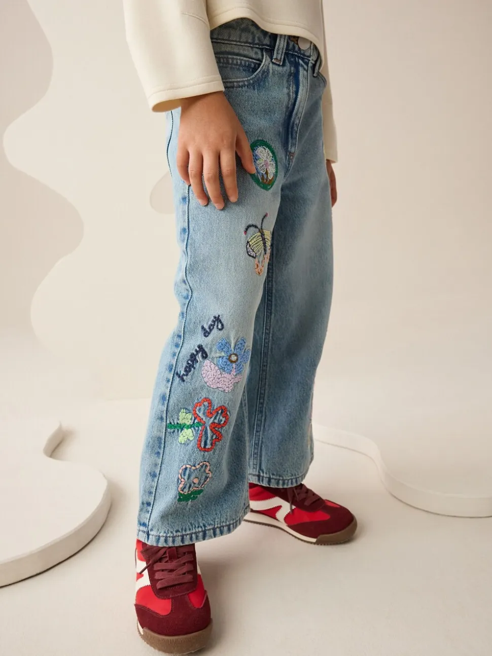 Denim - Jeans met wijde pijpen en borduursel (3-16jr)