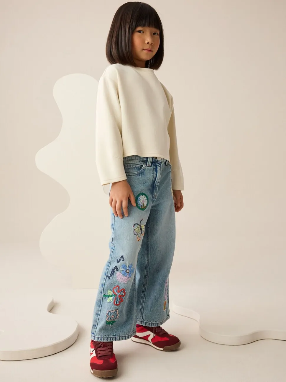 Denim - Jeans met wijde pijpen en borduursel (3-16jr)