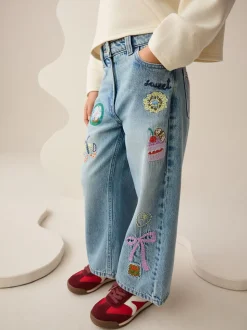 Denim - Jeans met wijde pijpen en borduursel (3-16jr)