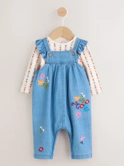Denim met borduursel - Set van bretelbroek en bodysuit met lange mouwen 2 -delig (0mnd -3jr)