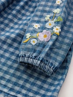 Denim met ruit en borduursel - Jurkje met kraag en lange mouwen (3mnd-8jr)