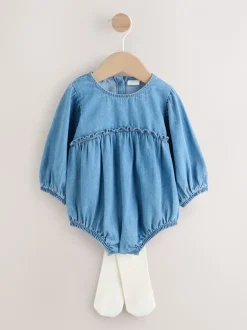 Denimblauw - Babyrompers met bloemenprint Set 2 -delig met maillot (0mnd -3jr)
