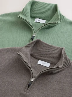 Donker steengrijs/saliegroen - 100% Cotton Regular Fit Premium Quarter Zip Jumpers 2 Pack