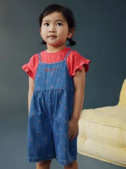 Donkerblauw - Cherry Printed Denim Playsuit and T-Shirt (3mths-7yrs)