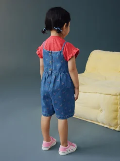 Donkerblauw - Cherry Printed Denim Playsuit and T-Shirt (3mths-7yrs)
