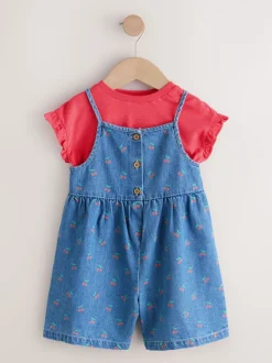 Donkerblauw - Cherry Printed Denim Playsuit and T-Shirt (3mths-7yrs)