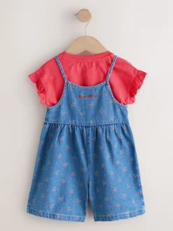Donkerblauw - Cherry Printed Denim Playsuit and T-Shirt (3mths-7yrs)