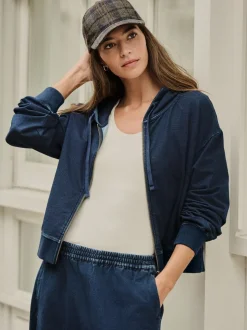 Donkerblauw - Denim Jersey Zip Through Hoodie