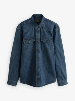 Donkerblauw - Denim Western 100% Cotton Long Sleeve Shirt