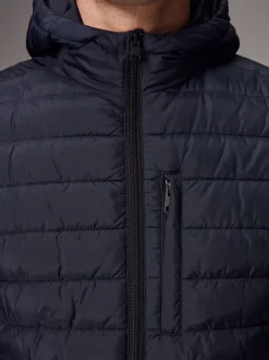Donkerblauw - Douchebestendige lichtgewicht pufferjas met capuchon