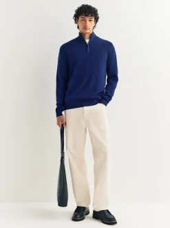 Donkerblauw - Effen - Regular fit 100% katoenen premium trui met korte rits
