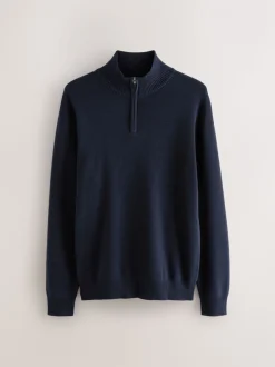 Donkerblauw - Effen - Regular fit 100% katoenen premium trui met korte rits