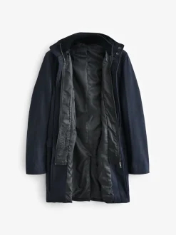 Donkerblauw - Gewatteerde jas van wolmix met visgraatmotief en geïntegreerd gilet