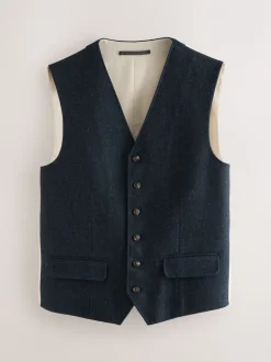 Donkerblauw - Herringbone Wool Blend Suit Waistcoast