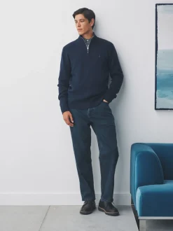 Donkerblauw - Hertlogo - Regular fit 100% katoenen premium trui met korte rits