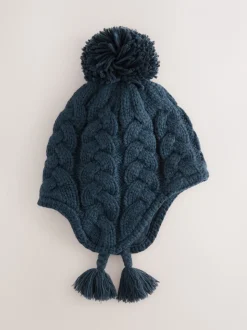Donkerblauw - Kabelgebreide Inca-muts met pompon (3mnd-10jr)