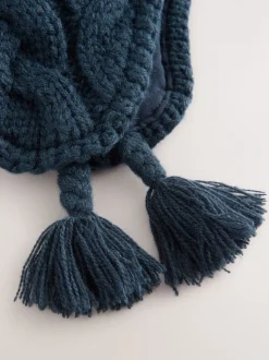 Donkerblauw - Kabelgebreide Inca-muts met pompon (3mnd-10jr)