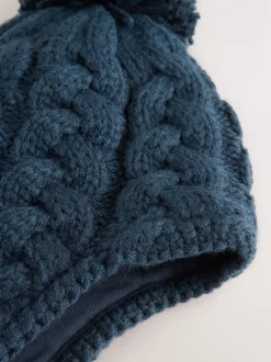 Donkerblauw - Kabelgebreide Inca-muts met pompon (3mnd-10jr)