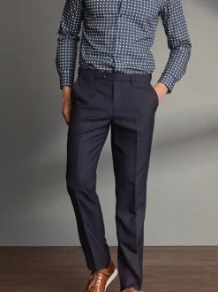 Donkerblauw - Normale Pasvorm - Signature - 100% Wollen broek met Motion Flex-tailleband