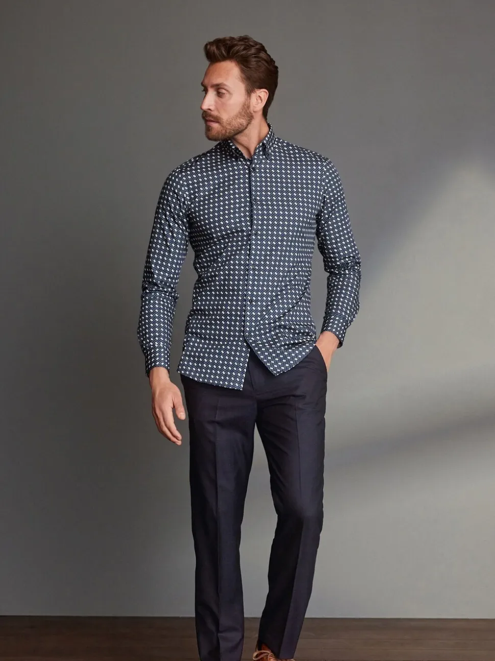 Donkerblauw - Normale Pasvorm - Signature - 100% Wollen broek met Motion Flex-tailleband