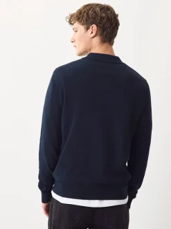 Donkerblauw - Normale Pasvorm - Katoenrijk gebreid poloshirt met lange mouwen