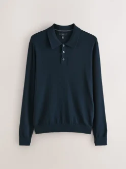 Donkerblauw - Normale Pasvorm - Katoenrijk gebreid poloshirt met lange mouwen