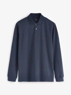 Donkerblauw - Normale Pasvorm - Piqué polo met lange mouwen