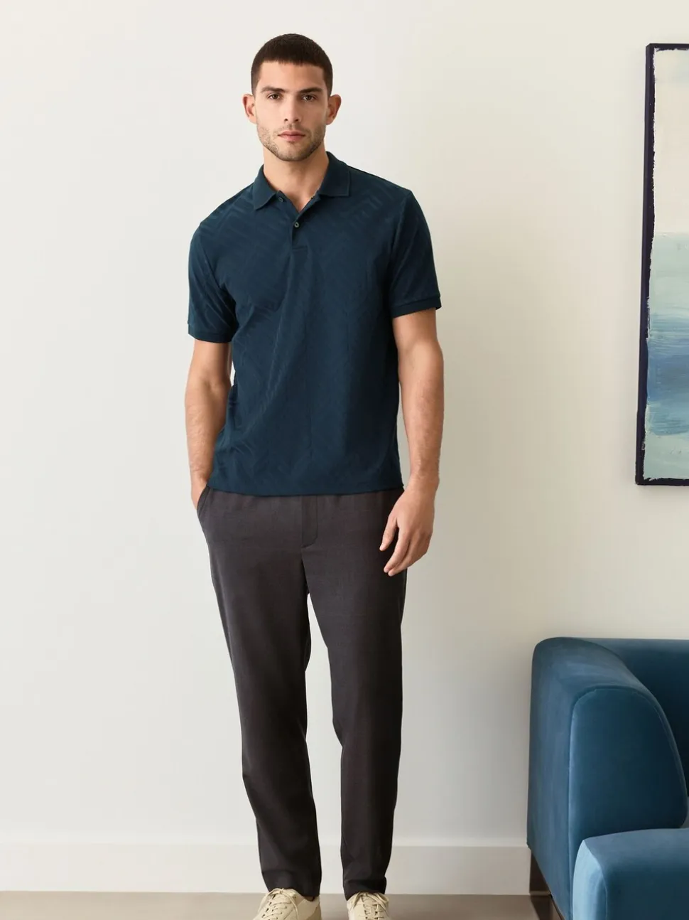 Donkerblauw - Normale Pasvorm - Net jacquard poloshirt