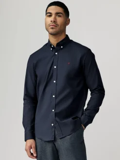 Donkerblauw - Oxford-stretchoverhemd met lange mouwen