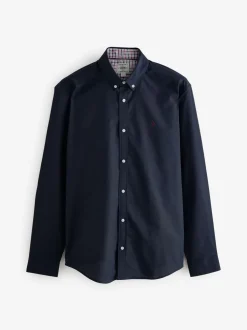 Donkerblauw - Oxford-stretchoverhemd met lange mouwen