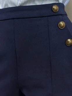 Donkerblauw - Ponte Broek met Wijde pijpen en goudkleurige knoopdetails