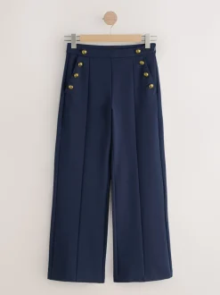 Donkerblauw - Ponte Broek met Wijde pijpen en goudkleurige knoopdetails