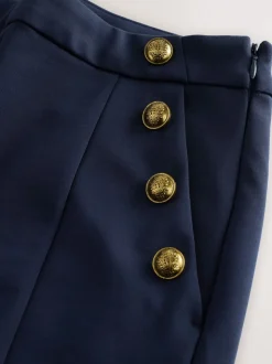 Donkerblauw - Ponte Broek met Wijde pijpen en goudkleurige knoopdetails